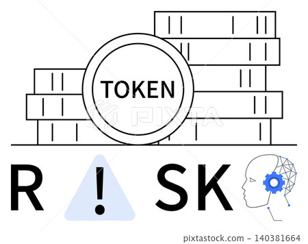 Cryptocurrency, blockchain, cyber risk, token economy, data safety, artificial intelligence. Stacks of tokens, alert triangle and digital neural icon. Cryptocurrency and blockchain 140381664