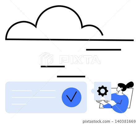 Cloud computing, data security, software development, system management, online collaboration, digital transformation. ion of a cloud, verification checkmark and gear icon. Cloud computing and data Cloud computing, data security, software development, system management, online collaboration, digital transformation. ion of a cloud, verification checkmark and gear icon. Cloud computing and data 140381669