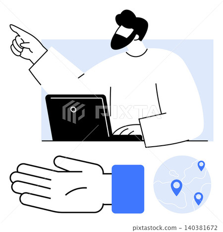 Business strategies, location tracking, direction pointing, workplace management, global reach, communication. Person with laptop pointing and global map with markers. Business strategies Business strategies, location tracking, direction pointing, workplace management, global reach, communication. Person with laptop pointing and global map with markers. Business strategies 140381672
