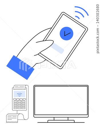 Mobile payments, digital wallets, online purchases, secure transactions, contactless technology, e-commerce. Hand holding a smartphone with checkmark, POS terminal and monitor. Mobile payments Mobile payments, digital wallets, online purchases, secure transactions, contactless technology, e-commerce. Hand holding a smartphone with checkmark, POS terminal and monitor. Mobile payments 140381680