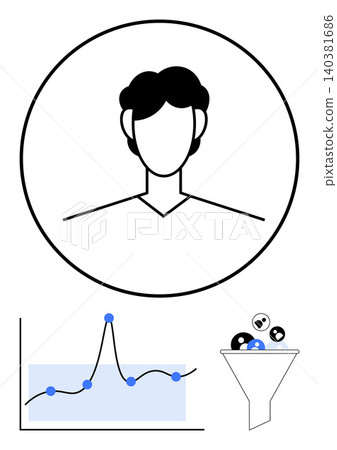 Data analysis, digital marketing, user targeting, business intelligence, audience insights, conversion strategies. A user profile, data funnel and graph illustration. Data analysis and digital 140381686