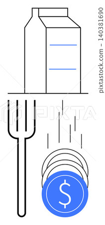 Food pricing, economic inflation, agriculture, food costs, budgeting, dairy industry. A milk carton, fork and falling coins. Food pricing and economic inflation concept Food pricing, economic inflation, agriculture, food costs, budgeting, dairy industry. A milk carton, fork and falling coins. Food pricing and economic inflation concept 140381690