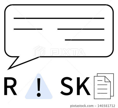Risk management, problem-solving, communication strategies, caution, decision-making, business analysis. Speech bubble, warning triangle and document icon. Risk management and problem-solving 140381712