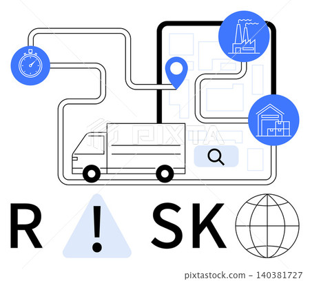 Logistics, supply chain, risk management, transportation, business strategy, geography. A delivery truck with routes, location markers factory and warehouse sketch. Logistics and supply chain Logistics, supply chain, risk management, transportation, business strategy, geography. A delivery truck with routes, location markers factory and warehouse sketch. Logistics and supply chain 140381727