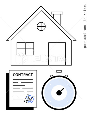 Real estate, property leasing, home ownership, agreements, deadlines, contract signing. A house outline, a stopwatch and a signed contract. Real estate and property leasing concept 140381730