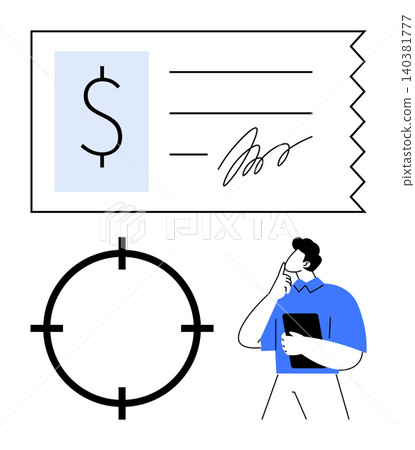 Budgeting, financial planning, decision making, target setting, business goals, income tracking. A check, target symbol and a thoughtful man with a clipboard. Financial planning and decision making Budgeting, financial planning, decision making, target setting, business goals, income tracking. A check, target symbol and a thoughtful man with a clipboard. Financial planning and decision making 140381777