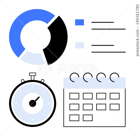 Data analysis, project planning, time tracking, scheduling, productivity, deadlines. A pie chart, stopwatch and calendar design. Data analysis and project planning 140381780