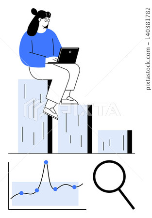 Data analysis, business growth, statistics, market research, productivity trends, digital work. Woman sitting on bar chart with laptop, graph and magnifying glass below. Data analysis and business Data analysis, business growth, statistics, market research, productivity trends, digital work. Woman sitting on bar chart with laptop, graph and magnifying glass below. Data analysis and business 140381782