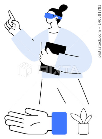 Future technology, augmented reality, digital learning, innovation, artificial intelligence, remote communication. Person wearing AR glasses holding a book, pointing. Augmented reality and digital Future technology, augmented reality, digital learning, innovation, artificial intelligence, remote communication. Person wearing AR glasses holding a book, pointing. Augmented reality and digital 140381783