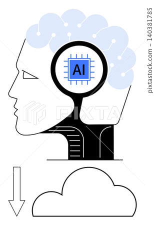 Artificial intelligence, data storage, cloud computing, innovation, neural networks, digital technology. Human head with AI chip and circuit brain linked to a cloud. AI and data storage concept Artificial intelligence, data storage, cloud computing, innovation, neural networks, digital technology. Human head with AI chip and circuit brain linked to a cloud. AI and data storage concept 140381785