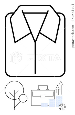 Business growth, corporate identity, sustainability, finance, professional attire, market trends. A shirt icon, tree briefcase and financial graph symbols. Corporate identity and business growth Business growth, corporate identity, sustainability, finance, professional attire, market trends. A shirt icon, tree briefcase and financial graph symbols. Corporate identity and business growth 140381791