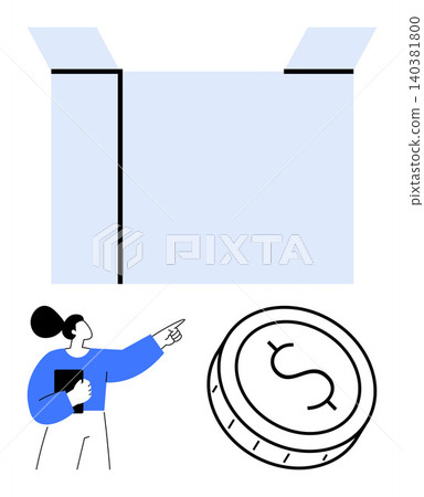 Financial planning, online business, investments, budget management, marketing, e-commerce. Woman pointing to a box and coin with a dollar sign. Financial planning and online business concept Financial planning, online business, investments, budget management, marketing, e-commerce. Woman pointing to a box and coin with a dollar sign. Financial planning and online business concept 140381800