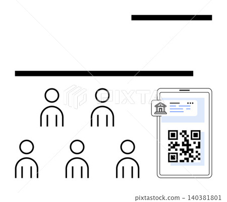Online payments, digital ID, banking services, QR codes, secure transactions, mobile technology. Abstract illustration of phone with QR code and user icons. Online payments and digital ID concepts Online payments, digital ID, banking services, QR codes, secure transactions, mobile technology. Abstract illustration of phone with QR code and user icons. Online payments and digital ID concepts 140381801