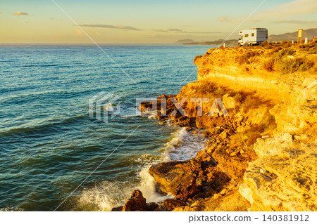 Seaside landscape with camper camp on sea shore, region of Mazarron in Murcia Spain. Seaside landscape with camper camp on sea shore, region of Mazarron in Murcia Spain. 140381912