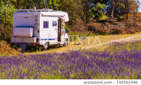 Recreational vehicle motorhome camp at lavender field, Provence in France. 140382046