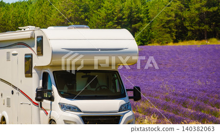 Motorhome camping at blooming purple lavender field in Provence France Motorhome camping at blooming purple lavender field in Provence France 140382063