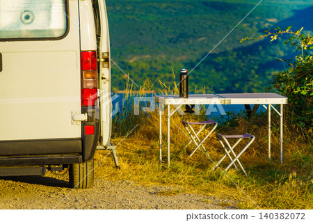 Camping van and table at lake Sainte Croix in Verdon Gorge, France 140382072