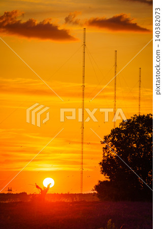 Sunset over radio towers, Roumoules transmitter in France Sunset over radio towers, Roumoules transmitter in France 140382073