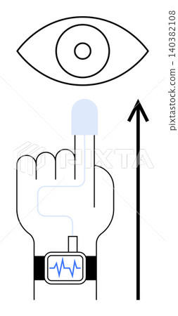 Biometric verification, digital identification, medical monitoring, smart devices, future technology, security systems. A finger pointing up with a smartwatch, an eye and an arrow. Biometric Biometric verification, digital identification, medical monitoring, smart devices, future technology, security systems. A finger pointing up with a smartwatch, an eye and an arrow. Biometric 140382108