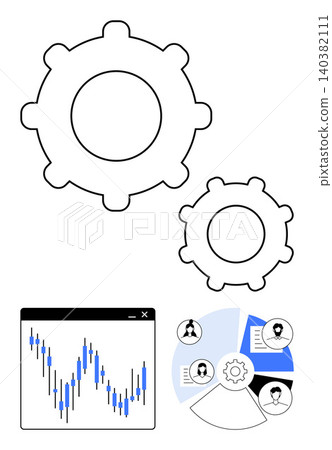 Data analysis, teamwork, workflow optimization, technology, financial trends, business strategy. Two gears, a financial chart and a process diagram. Data analysis and workflow optimization concept Data analysis, teamwork, workflow optimization, technology, financial trends, business strategy. Two gears, a financial chart and a process diagram. Data analysis and workflow optimization concept 140382111