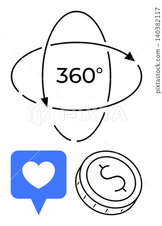 Interactive content, engagement, social media, monetization, virtual tours, immersive experiences. Rotating 360-degree arrows, heart in a chat bubble dollar coin icon. Interactive content Interactive content, engagement, social media, monetization, virtual tours, immersive experiences. Rotating 360-degree arrows, heart in a chat bubble dollar coin icon. Interactive content 140382117