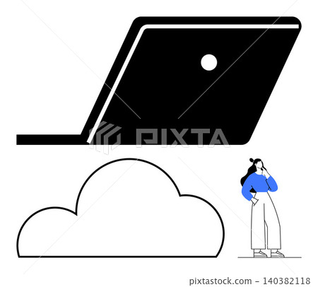Cloud storage, technology solutions, digital communication, remote work, online data, innovation. Minimalist laptop, cloud symbol woman thinking. Cloud storage and technology solutions concept Cloud storage, technology solutions, digital communication, remote work, online data, innovation. Minimalist laptop, cloud symbol woman thinking. Cloud storage and technology solutions concept 140382118