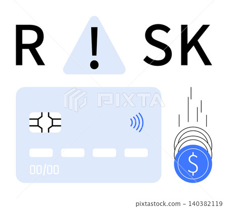 Online transactions, financial security, money vulnerability, fraud risk, fintech awareness, economic loss. Credit card, warning triangle and falling coins. Financial security and economic loss Online transactions, financial security, money vulnerability, fraud risk, fintech awareness, economic loss. Credit card, warning triangle and falling coins. Financial security and economic loss 140382119