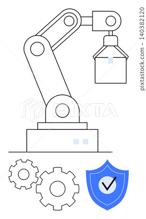 Robotics, automation, industry, cybersecurity, engineering, manufacturing. A robotic arm, gears and a shield with a checkmark. Robotics and automation concepts for modern industries 140382120