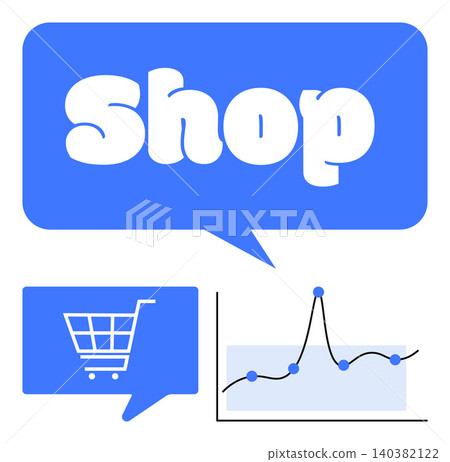 E-commerce, retail, online shopping, business growth, sales analytics, and digital marketing. A shopping cart icon, shop speech bubble and sales chart. E-commerce and retail business concept 140382122