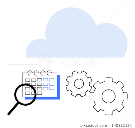 Cloud storage, task management, workflow optimization, data analysis, productivity tools, automation. Magnifying glass, calendar and gears under a cloud. Cloud storage and task management concept 140382123
