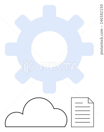 Technology, data integration, cloud storage, file sharing, workflow automation, innovation. A gear, cloud and document icons on a white background. Technology and data integration concepts 140382150