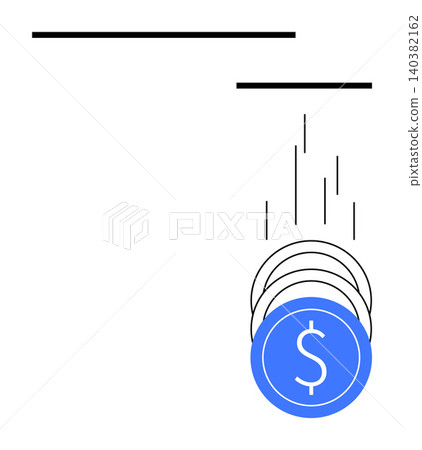 Financial loss, economic decline, investment risk, market trends, business concepts, monetary management. Blue dollar coin falling with motion lines. Financial loss and economic decline concept Financial loss, economic decline, investment risk, market trends, business concepts, monetary management. Blue dollar coin falling with motion lines. Financial loss and economic decline concept 140382162