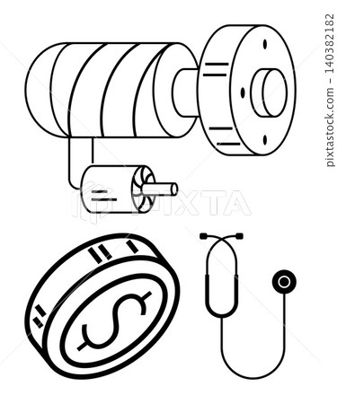 Engineering, finance, health diagnostics, technology, mechanical concepts, energy systems. Engine turbine, dollar coin and stethoscope in a minimalist outline style. Engineering and finance Engineering, finance, health diagnostics, technology, mechanical concepts, energy systems. Engine turbine, dollar coin and stethoscope in a minimalist outline style. Engineering and finance 140382182
