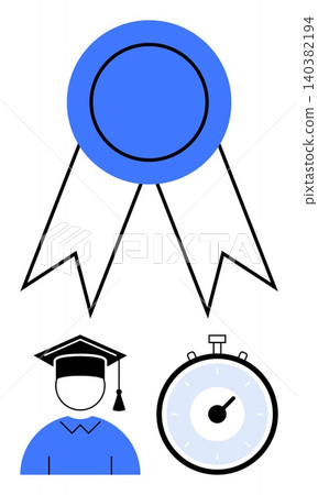 Education, achievement, time management, academic success, goal setting, certification. A blue medal, graduate figure and stopwatch education and productivity. Education and achievement 140382194