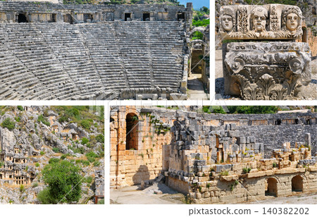 Collage of ancient ruins in Turkey including the Greco-Roman theater of Myra, Lycian rock-cut tombs, and detailed stone mask carvings Collage of ancient ruins in Turkey including the Greco-Roman theater of Myra, Lycian rock-cut tombs, and detailed stone mask carvings 140382202