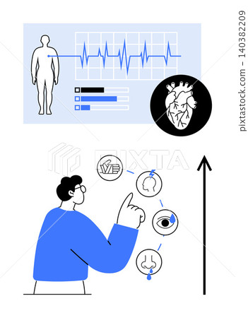 Healthcare systems, telemedicine, diagnostics, anatomy education, medical innovation, technology interfaces. Human pointing to diagnostics icons and heart activity. Healthcare systems 140382209