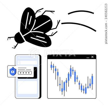 Cybersecurity, malware detection, stock trading, data protection, digital threats, online data. A digital bug, stock market chart and secured login form. Cybersecurity and malware detection visuals Cybersecurity, malware detection, stock trading, data protection, digital threats, online data. A digital bug, stock market chart and secured login form. Cybersecurity and malware detection visuals 140382213