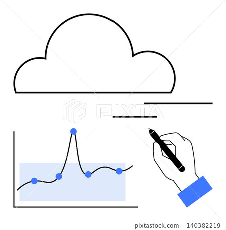 Cloud computing, data analytics, workflow management, remote operations, technology, and innovation. A hand draws a data chart under a cloud. Cloud computing and data analytics concept Cloud computing, data analytics, workflow management, remote operations, technology, and innovation. A hand draws a data chart under a cloud. Cloud computing and data analytics concept 140382219