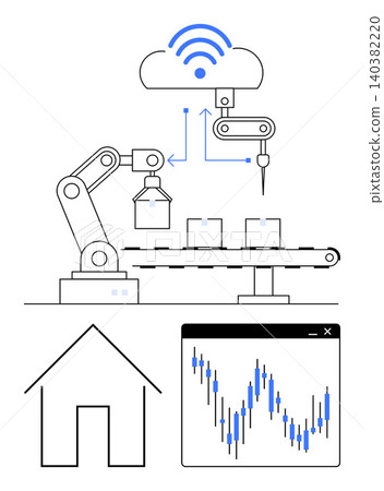 Smart manufacturing, automation, cloud computing, Industry 4.0, IoT, data management. Robotic arm on a conveyor belt cloud icon data chart and home outline. Smart manufacturing and automation Smart manufacturing, automation, cloud computing, Industry 4.0, IoT, data management. Robotic arm on a conveyor belt cloud icon data chart and home outline. Smart manufacturing and automation 140382220