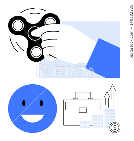 Stress management, business motivation, workplace productivity, financial growth, relaxation techniques, corporate health. Hand spinning fidget spinner, smile and financial charts. Stress relief 140382228