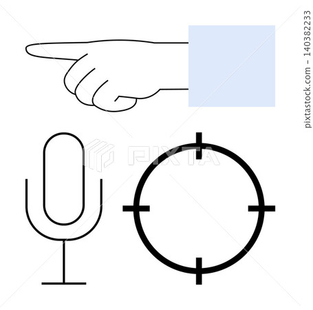 Communication, attention, focus, targeting, commands, technology. Hand pointing right, microphone and target icon arranged on white background. Communication and focus concept 140382233