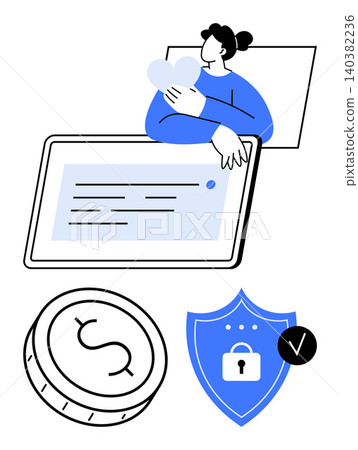 Digital payments, online security, e-commerce, data protection, financial technology, and transaction safety. A person with a laptop, a coin icon and a shield with a lock. Online security Digital payments, online security, e-commerce, data protection, financial technology, and transaction safety. A person with a laptop, a coin icon and a shield with a lock. Online security 140382236