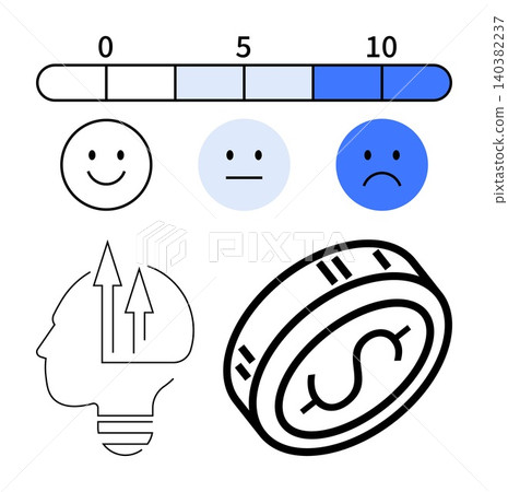 Mental health, financial decisions, emotional intelligence, psychology, rating systems, conceptual ideas. Faces on an emotion scale, human head with arrows coin with dollar sign. Mental health Mental health, financial decisions, emotional intelligence, psychology, rating systems, conceptual ideas. Faces on an emotion scale, human head with arrows coin with dollar sign. Mental health 140382237