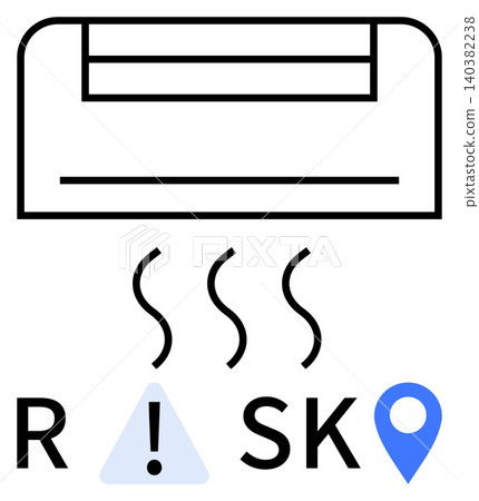 Air quality, environmental risks, pollution awareness, HVAC safety, hazard indicators, location tracking. Air conditioner emitting heat lines, warning symbol and location pin. Air quality Air quality, environmental risks, pollution awareness, HVAC safety, hazard indicators, location tracking. Air conditioner emitting heat lines, warning symbol and location pin. Air quality 140382238