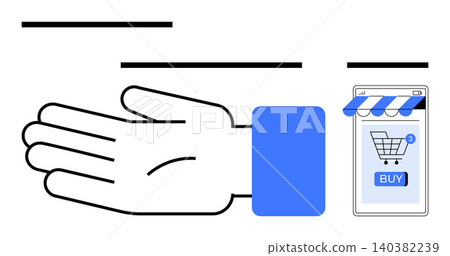 E-commerce, online transactions, digital payments, mobile shopping, retail, user experience. Open hand next to a smartphone with a shopping cart. E-commerce and online transactions concept E-commerce, online transactions, digital payments, mobile shopping, retail, user experience. Open hand next to a smartphone with a shopping cart. E-commerce and online transactions concept 140382239