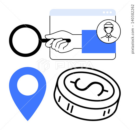 Business analytics, navigation, e-commerce, user profiles, web search, finance visualization. Magnifying glass, location pin dollar icon and user profile browser window. Business analytics Business analytics, navigation, e-commerce, user profiles, web search, finance visualization. Magnifying glass, location pin dollar icon and user profile browser window. Business analytics 140382262
