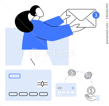 Online banking, payment systems, communication, email notifications, financial management, technology. Woman holding an envelope with a notification. Payment systems and online banking concept Online banking, payment systems, communication, email notifications, financial management, technology. Woman holding an envelope with a notification. Payment systems and online banking concept 140382264