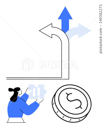 Business strategy, financial planning, economic growth, decision-making, investment opportunities, monetary policy. Woman holding puzzle pieces, directional arrows and a dollar coin. Financial Business strategy, financial planning, economic growth, decision-making, investment opportunities, monetary policy. Woman holding puzzle pieces, directional arrows and a dollar coin. Financial 140382271