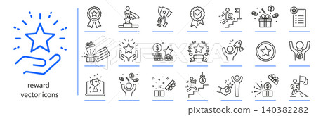 reward icons, award icon set, prize, gift, trophy simple symbols, linear vector illustration, outline editable stroke reward icons, award icon set, prize, gift, trophy simple symbols, linear vector illustration, outline editable stroke 140382282