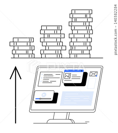 Finance, investment planning, tech progress, business growth, virtual data management, savings analysis. Stacks of coins, upward arrow computer screen. Finance and investment planning visualization Finance, investment planning, tech progress, business growth, virtual data management, savings analysis. Stacks of coins, upward arrow computer screen. Finance and investment planning visualization 140382284